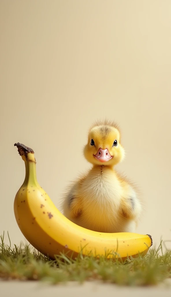 "A cute and humorous scene a young duck standing next to a ripe banana. The duck has soft, downy feathers and a playful expression. The banana is large, bright yellow, and resting next to the duck. The setting is calm and natural, possibly with soft grass ...