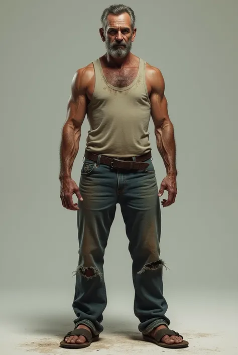 
Middle-aged man.
Salt-and-pepper hair.
Mustache.
Wrinkled face.
Evil-looking expression.
Thin and dirty body.
Sleeveless tank top.
Jeans.
Sandals.
Full-body image.
Ultra-realistic.

