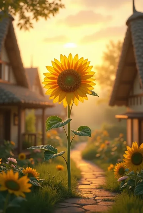 Morning sun shine. Sunflower. Village