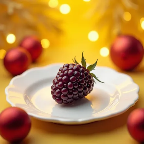 Blackberry on a white plate ,  yellow Christmas background and red Christmas balls 