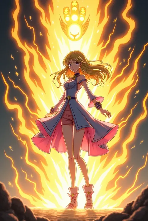 Anime, Dark Magician Girl from Yu gi oh,  powering up with Super Saiyans Aura around her 
