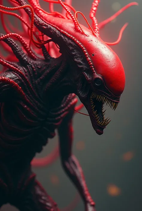  an eerie red and black giant alien {x} emits threads in all directions from the body、 that thread is located in the center 、 is attached to the wall 、中心に位置している、 located in the center of the air 、 with its mouth wide open to show its fangs 、Pull-back angle