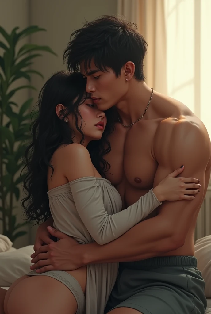 Real photography, large rip muscular Young handsome Minang man ,Young 37-year-old man hugging a 18yo woman，Upper body muscles，huge , Shy, cry, w oxygen rried, Off-shoulder White Summer Clothes, cleveage, light black hair,生shes helpless and begging and cryi...