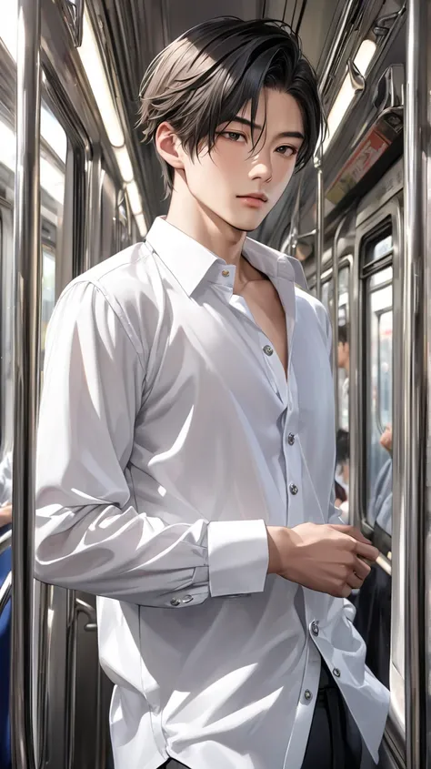  (photorealism:1.2), Handsome japanese man, 22-27 year-old, Model,    wear a tailored shiny white formal shirt, Top button down loose ,  Unbutton your shirt, in the train, JR in Japan