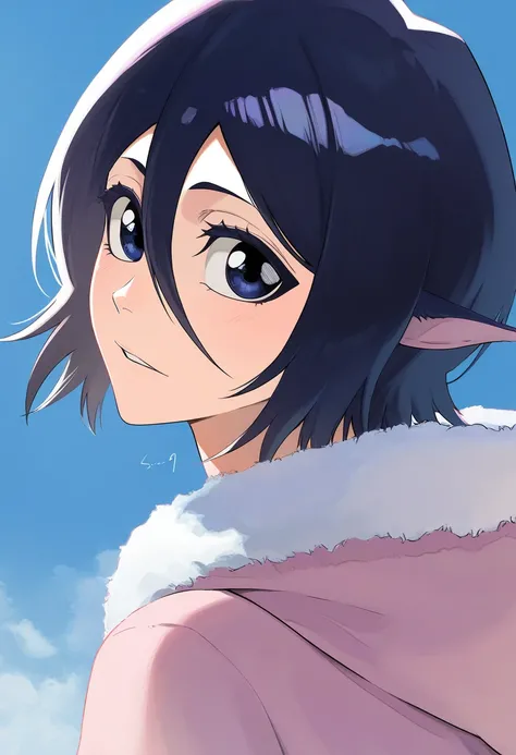 Rukia Kuchiki (Bleach) with long magenta hair, large dark blue eyes and elf ears.