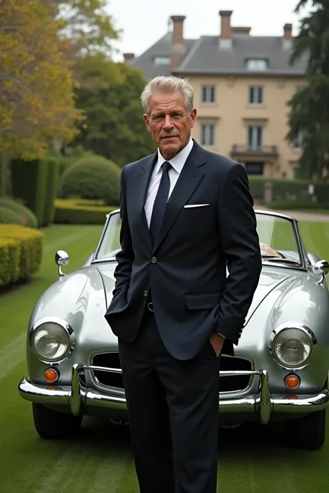 A rich man in front of his own way on the side of a 50-year-old millionaire car