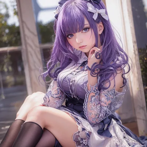 (8K, RAW photo, best quality, masterpiece:1.2), (realistic, photo-realistic:1.4), (extremely detailed 8K wallpaper),(1girl),Beautiful Face,Frederica Bernkastel, purple hair,dress, bowtie, mary janes,purple eyes,whole body,Lower Angle、Crossing your legs、sit