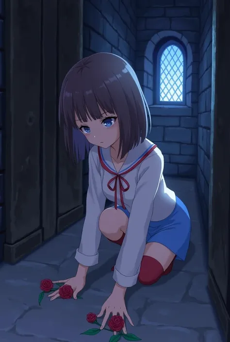  1 girl ,  blue eyes, Brown Hair,  High Quality ,  bob hair, Red face, Facing Up ,  crouching 、anime,  white shirt、 Red String Bow 　 sky blue skirt 、 holding small red roses with both hands、 Panties
Not wearing 、 trapped in an old castle 、 night view、 ligh...