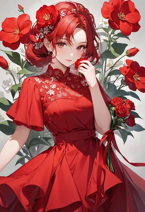 There is a woman and she is wearing a red dress and she has a flower in her hand