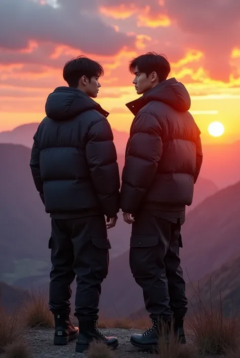  Make faces of Kim Mingyu Seventeen and Sehun Exo , wearing black padding ,  black cargi pants on the mountain while watching sunset