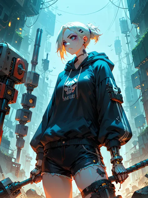 a cyborg girl wearing a hoodie and shorts, as a weapon she holds a huge quarrel hammer with both hands