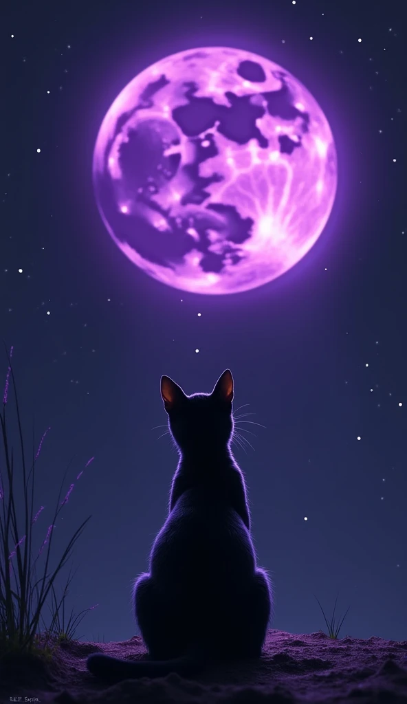 Back view of a black cat looking at the big purple moon