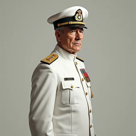  Draw a picture of a war general , rank ,  white uniform ,  white officers hat ,  shooting booth background .  The general faces right like an old war generals picture.