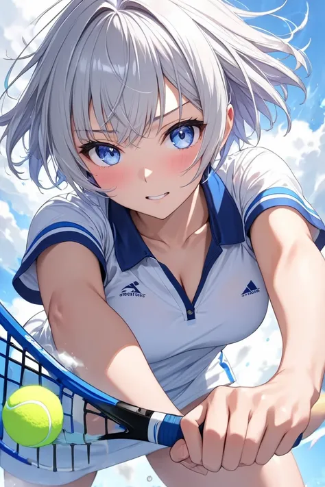 masterpiece、 best quality，One high school girl， Silver Hair，Short hairstyles on the side ， blue eyes， Shortcut Hair、Tennis Spray Final Match ，High school tennis club captain， dynamic sports motion 、The moment I hit the ball with my racket 、 An aphrodisiac ...