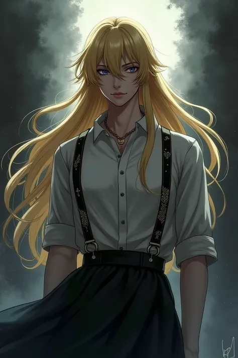 Make a Kaisen-jujutsu-style anime character with long blond hair using suspenders