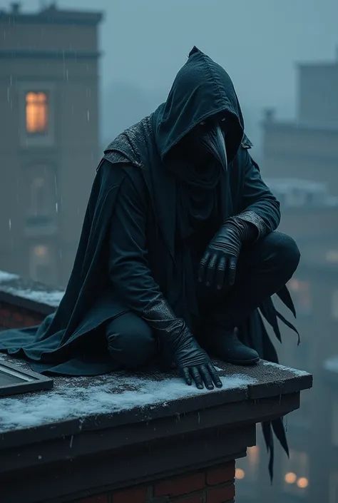  A shady man in dark clothes ,  clothing inspired by a crow ,  the man has a mask that covers his face, dark mask, hooded, He is standing hidden on top of a building, on the side of a skylight , He is trying to listen to the conversation of someone who is ...