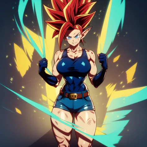 dbsuper style, 1
girl, captain mizuki, green aura, super saiyan's aura, belt, pointed ears, elf ears, red colored hair, huge hai...