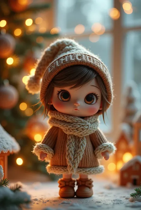 Little doll with scarf and hat with brown hair brown eyes with Christmas background with the name Alius 