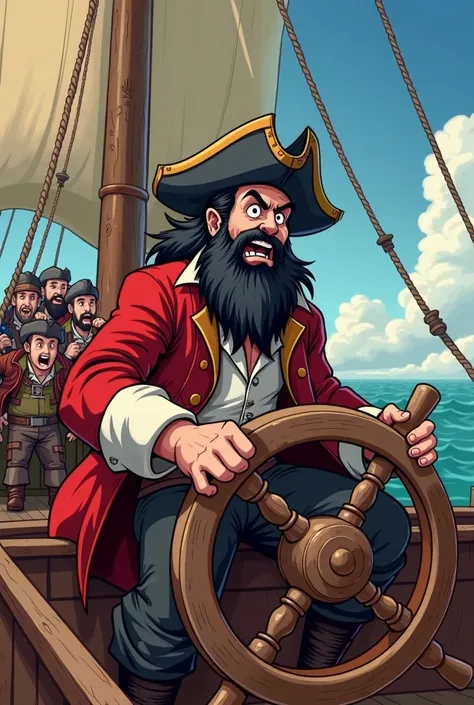 Can you please create a cartoon drawing, in a rens book theme, of a pirate captain steering his ship. The captain has a black beard, a wooden leg and his snarling angrily. He is on a large pirate ship. He has a strong jaw. His pirate crew behind him is vis...