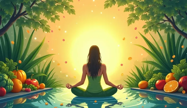 Illustrate a vibrant scene symbolizing health and balance. Show a person in a tranquil environment surrounded by fresh fruits, vegetables, and elements like clean water and sunlight. Highlight a glowing energetic aura around them, symbolizing vitality and ...