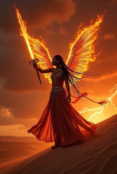 dark haired long dreadlock African woman wearing ancient Nubian gown, fiery glowing eyes with fiery wings and hold her ancient Nubian sword up in the air like a warrior on the Africa desert sand mountain, red sky with thunder so dramatically. 