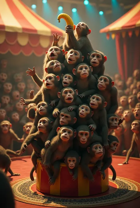 realistic image of 20 circus monkeys balancing on one small stool. Make the stool really tiny, even smaller. Make a lot more monkeys. Monkeys r all fighting steuggling and climbing and clinging to each other. its madness and mayhem, circus setting. All mon...