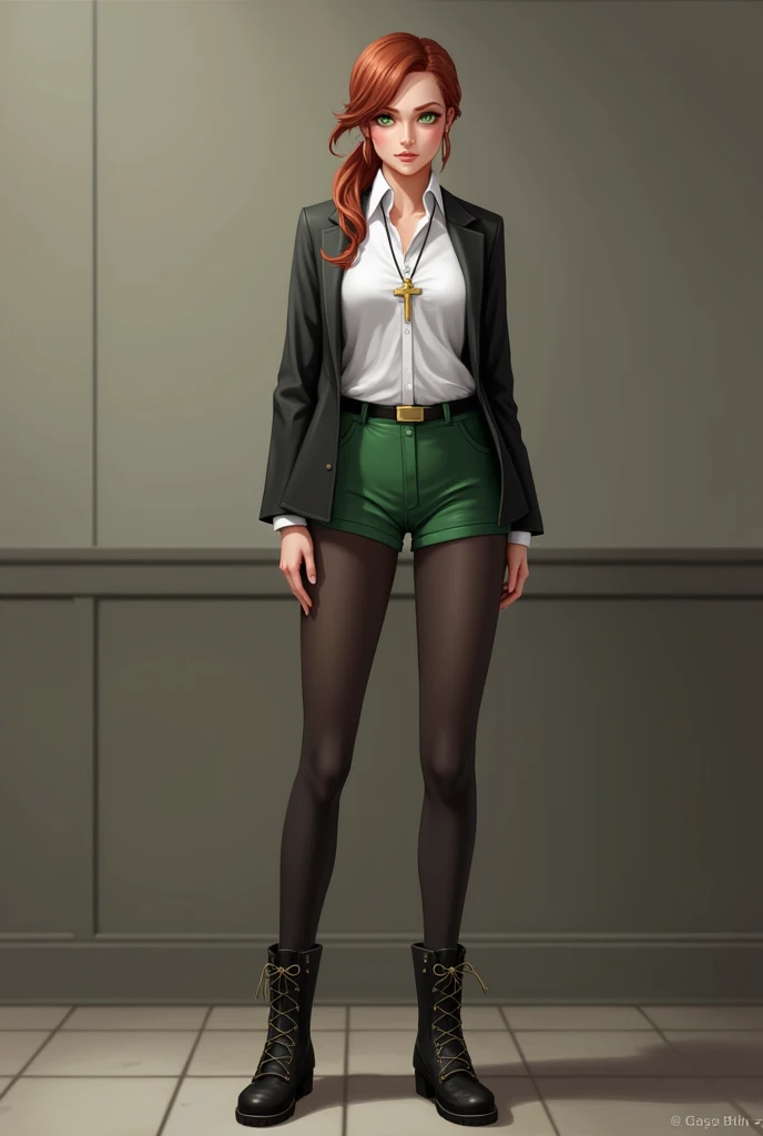 Dani female character from the FNF game girl with the appearance of Servant and wearing white blouse green shorts black jacket necklace with a cross boots and black tights 