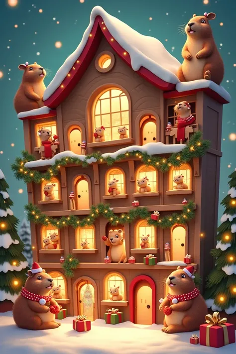 Create an image that says Xaviera Advent Calendar, That they have Christmas things and capybaras , that looks very nice and is horizontally 