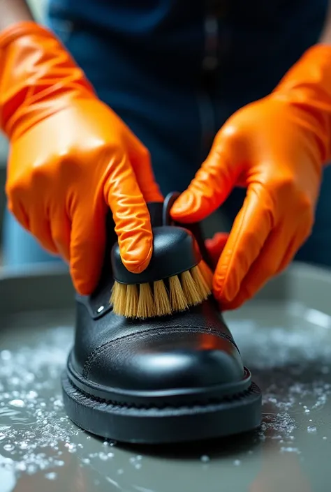 A hand wearing orange gloves is rubbing shoes with a shoe brush on top of a washing station. Hands appear strong and focused ,  with careful and meticulous brush movements .  The washing station has a clean surface ,  with visible splashes of water around ...