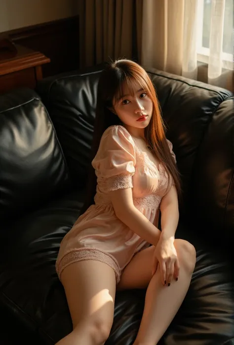 Generate an image of a young Korean woman dressed in short lace and glossy silk, pastel-colored nightwear. She  has light brown eyes and long, well combed straight hair, brown hair, she  is lying on a large, shiny black leather sofa, looking sideways with ...