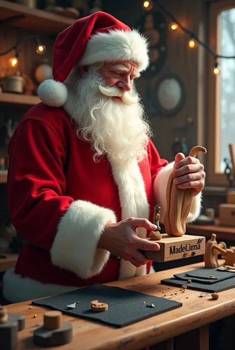 Santa Claus delivering files for wooden feet with black sandpaper and visible name “Madelima” 