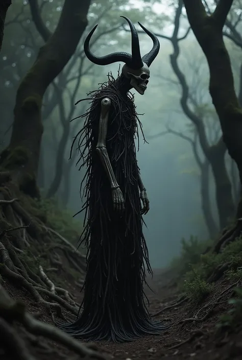 high detailed high quality high contrast humanoid creature with skull face animal bone long black horns dressed of dry branches thin body  four legs dark woods background