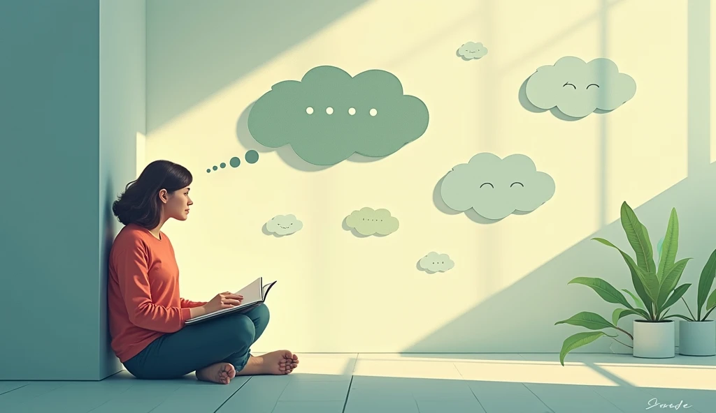 Create a serene and introspective scene showing a person sitting quietly with a journal or simply reflecting, surrounded by soft natural light. Include thought bubbles or subtle imagery of various emotions and dreams, symbolizing their inner dialogue and s...