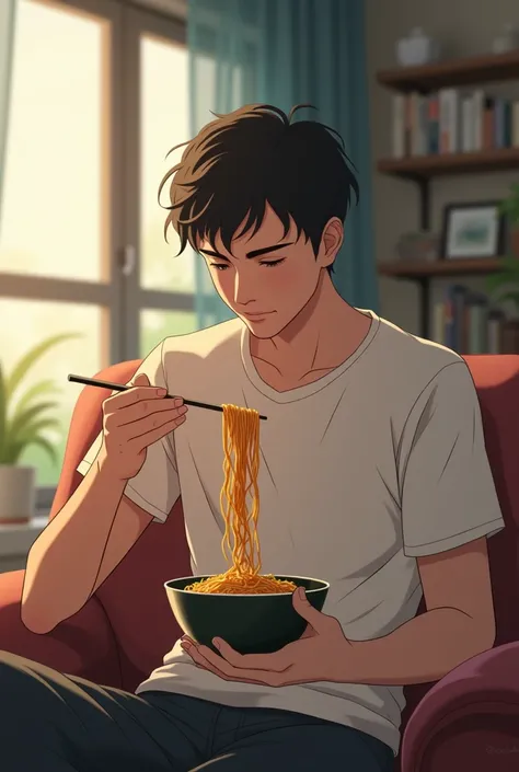  Back to the present scene ,  German(25 years old)  sitting in the living room ,  enjoying the Kokomi bowl . He looks at the bowl .  The warm feeling of Kokomi noodles made him smile,  recalling the memories of his hood , when everything in life was peacef...