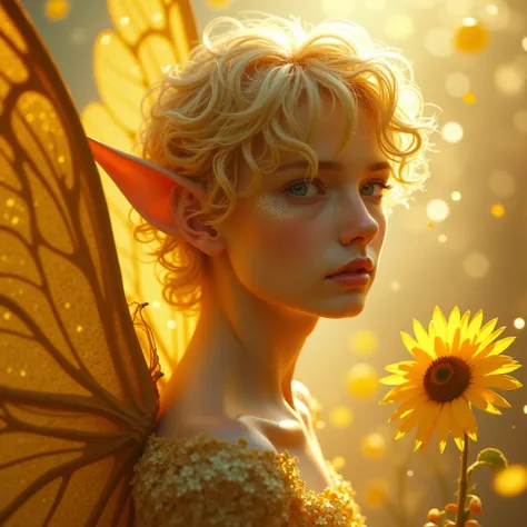 ((masterpiece)). This artwork is dreamy and ethereal fairy man with elf ears , with soft golden hues. Generate a  male fairy exploring a golden world with a wide variety of golden shades. His face is extremely detailed and realistic with elegant,he has fre...