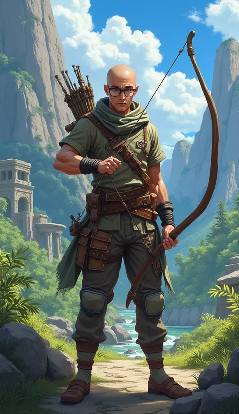 a human archer, man and adventurer, shaved hair, no beard, wearing glasses, brown eyes, anime