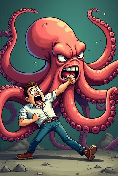 Octopus getting angry and holding a mans neck with hand cartoon
