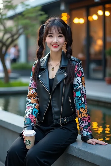  A beautiful Korean woman with hair in pigtails style ,  smiling,
 wearing a black leather jacket full of colorful graffiti,Long wide pants ripped sneakers vans ,  is sitting on a wall of a minimalist fish pond , in an outdoor cafe during the day , a Starb...