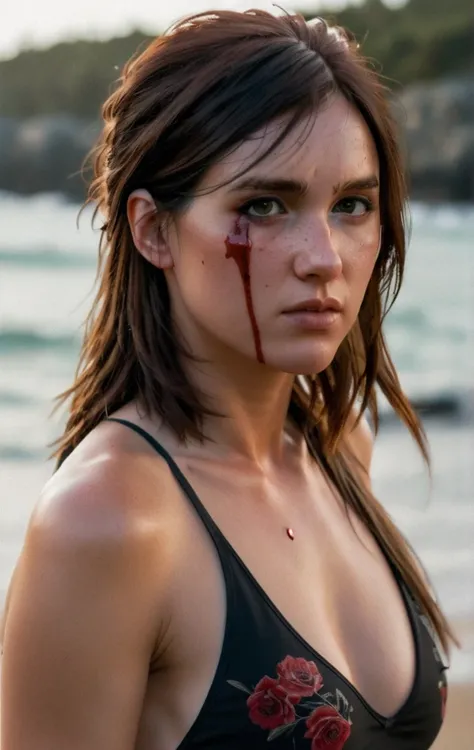 photo of ohxw, ellie, tattoo on left arm, woman, black jeans, close up, , long length hair, face details, low key lighting, blood on her face. Sexy face. Swimsuit at the beach