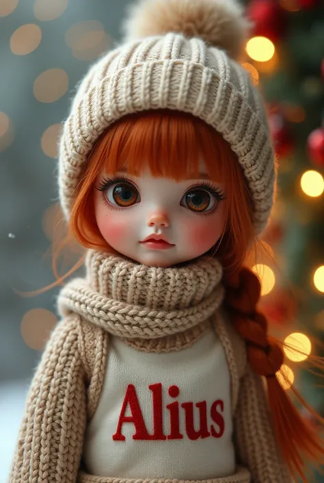 Little doll with scarf and hat with reddish hair brown eyes with Christmas background with the name Alius on her sweatshirt