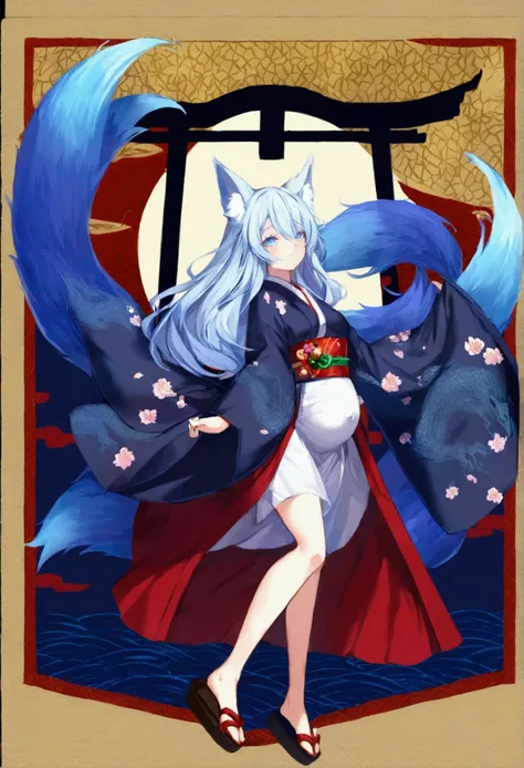 torii　Shrine maiden　Nine-Tailed Fox　fox Light blue hair 　beast girl　indigo fur　fox beast girl　fox Light blue hair 　beast girl　indigo fur　fox beast girl　Wallpaper 4k,8k,highly detailled,,vivid colors,detailed kitsune with 9 tails,traditional Japanese artwor...