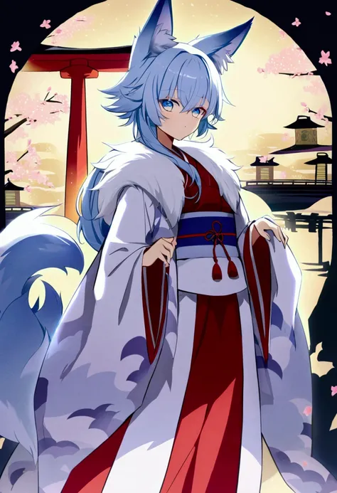 torii　Shrine maiden　Nine-Tailed Fox　fox Light blue hair 　beast girl　indigo fur　fox beast girl　fox Light blue hair 　beast girl　indigo fur　fox beast girl　Wallpaper 4k,8k,highly detailled,,vivid colors,detailed kitsune with 9 tails,traditional Japanese artwor...