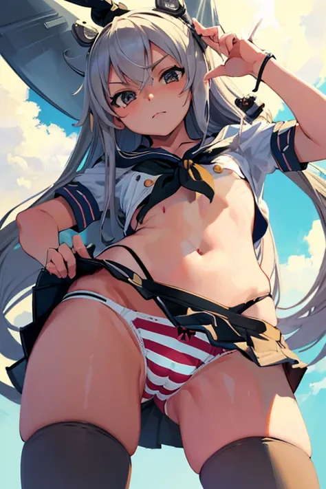 masterpiece, best quality, ultra detailed, ((striped panties)), (cowboy shot, crotch is close-up:1.2, ground-level, from below, mini skirt, KanColle Shimakaze, from front),