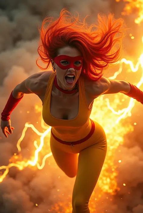 A red-haired heroine .  tongue ,  athletic body.  Has fire powers .  Her red hair is shining sparks. Shes angry . She is wearing a very tight yellow outfit and a red mask covering her eyes.  is flying .  Shes setting fire through her hands .   Lots of smok...