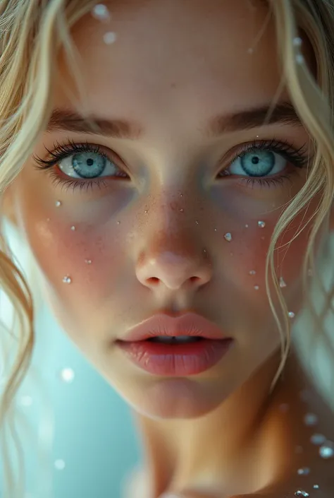 Blonde girl macro portrait water drops drip down on her face wet beautiful blue eyes plump lips glossy 