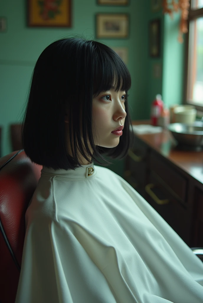  one girl,  black hair, bangs,  Bob Haircuts ,  Im wearing a white poncho for a haircut ,  sitting on a barber chair with her back stretched out,  inside an old Showa retro barber shop , Mental Silence , Transcendent Silence,  looking for something in an a...