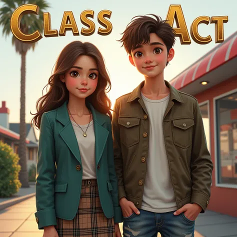 Image is a realistic, photorealistic depiction of two young individuals standing in the foreground. The girl on the left has long, naturally textured brown hair and fair skin, wearing a fitted teal blazer and a plaid skirt that hints at a preppy, put-toget...