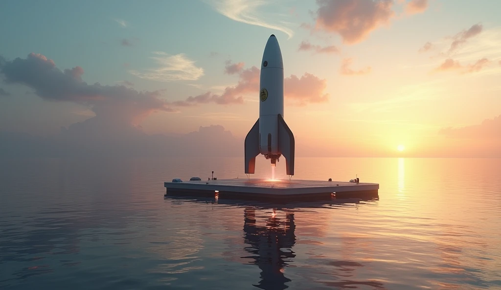  A rocket landing softly on a floating platform in the ocean , with a sunrise on the horizon reflected in the water .  The camera focuses on the precision of the landing and shows the badge of a future space program engraved on the side of the rocket.