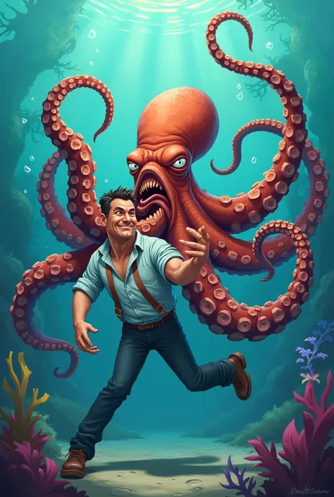 Octopus getting angry at a man  and holding the mans neck with hand cartoon for s
