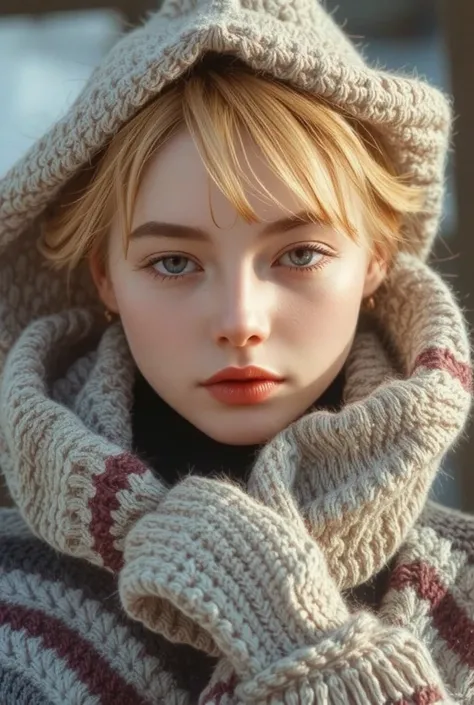 blonde beauty, half-updo, blue eyes, shuba, dubronka, wrapped in ushanka, cold weather, extremely cold land, ultra detailed, absolutely resolution, masterpiece